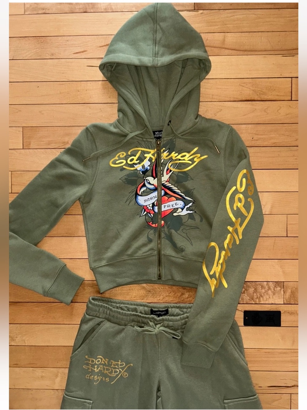 NEW! ED HARDY Y2K Tattoo Logo Hoodie & Pant Tracksuit Set Light Olive Size S